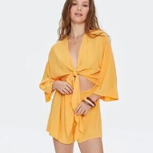 2/$15 Forever 21 Tie-Front Cutout Romper Cantaloupe Yellow Bell Sleeve Size M